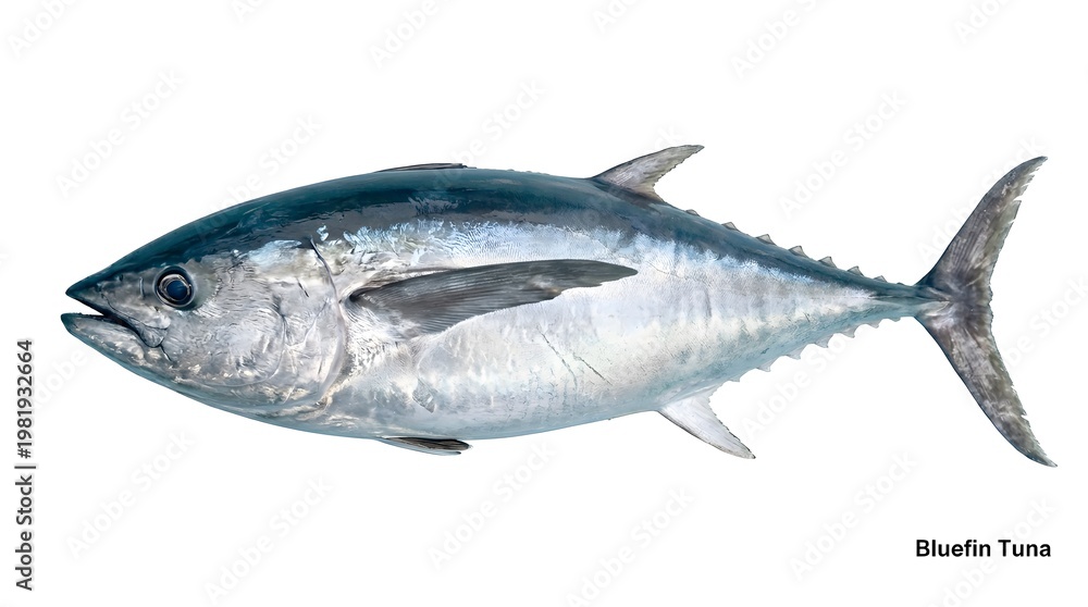 Fototapeta premium Fast swimming bluefin tuna fish in ocean studio isolated on white background.