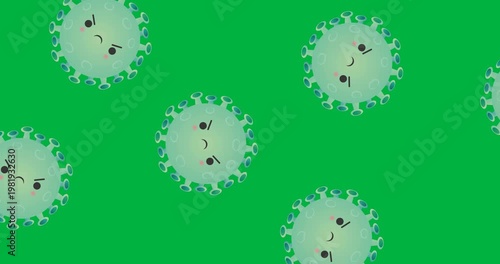 Digital animation of multiple green covid-19 cells floating against black background