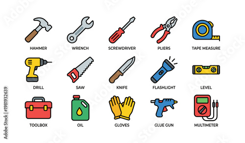 Colorful set of hand tools and equipment icons for diy projects