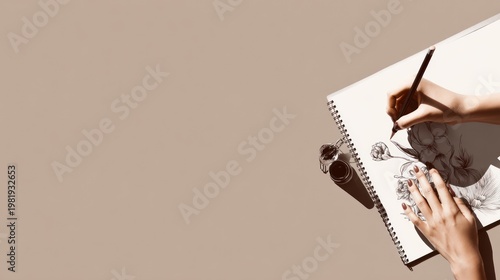Overhead shot of a person sketching flowers in a spiral-bound notebook, using pen