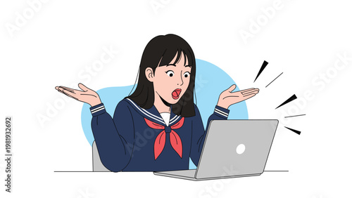 Young female student in school uniform looks extremely surprised while staring at her laptop screen with wide eyes and open mouth.