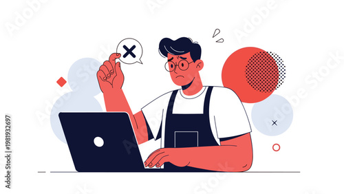 Man in apron and glasses looks confused while working on his laptop with a cross mark symbol indicating an error.