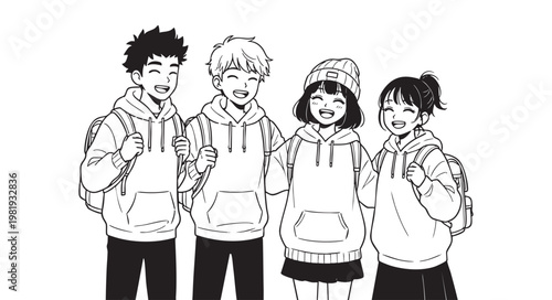 Group of happy teenage friends wearing hoodies and backpacks