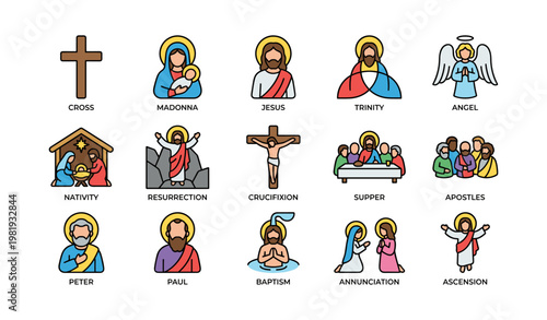 Christian symbols and figures illustrations featuring jesus and apostles