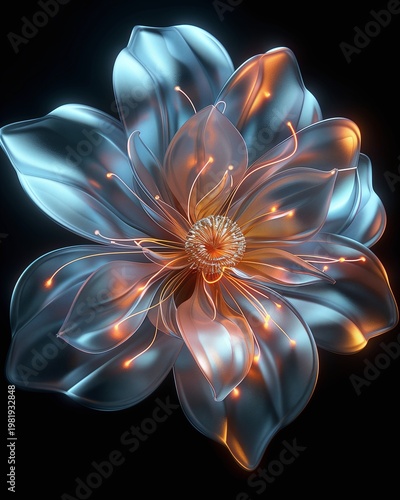 Glowing futuristic crystal flower art with orange energy filaments