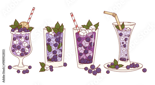 Blackcurrant Purple Cocktail Set. Refreshing Drinks with Black Berries in Glasses. Fresh Isolated Summer Lemonade with Berry, Ice Cubes and Mint Leaves. Vector Illustration