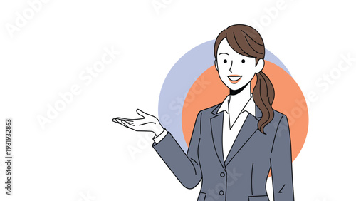 Professional businesswoman in a gray suit smiles warmly while gesturing with her hand toward an empty space for a presentation.