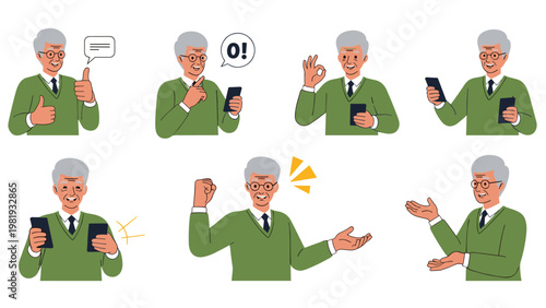 Senior man in green sweater is shown in various poses using a smartphone for communication and showing positive expressions.