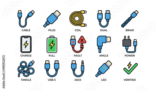 Various charging cables and connectors with symbols of functionality and compatibility