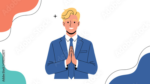 Handsome young businessman with blonde hair in a blue suit puts his hands together in a polite greeting or prayer position.