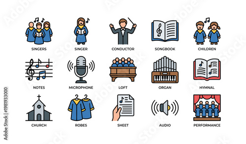 Icons of choir activities: singers, conductor, songbook, performance elements