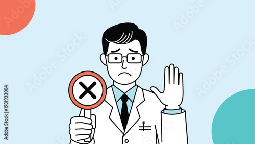 Doctor in white coat holds a cross mark sign and uses his hand to signal a stop or refusal with a serious expression.