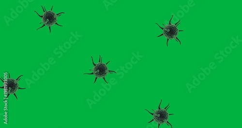 Digital animation of multiple green covid-19 cells floating against black background