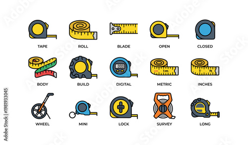 Various types of measuring tapes and tools for precision measurement and construction