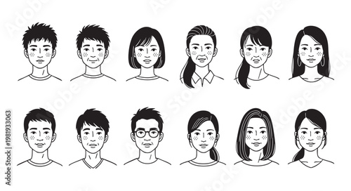 Set of diverse people with freckles on their faces