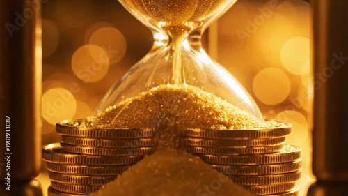 Flowing Golden Sand and Coin Hourglass Symbolizing Wealth Accumulation and the Value of Time in Financial Growth