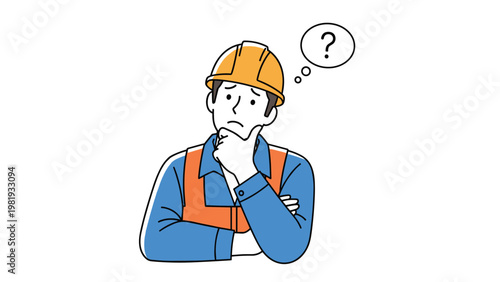 Construction worker wearing a hard hat and safety vest looks confused with a question mark in a thought bubble over his head.