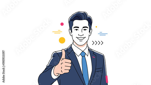 Cheerful businessman in a dark professional suit smiles and gives a big thumbs up against a clean white background with graphics.
