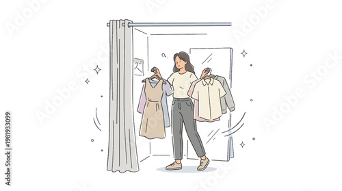 Person Trying Clothes in Fitting Room Holding Hangers Doodle Style Vector Illustration