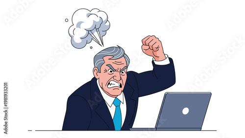 Furious businessman in a suit raises his fist and screams at his laptop while steam comes from his head in an angry outburst.