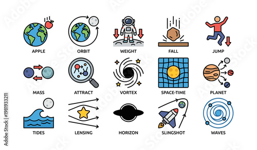Colorful physics icons depicting space concepts and theories in bold illustrations