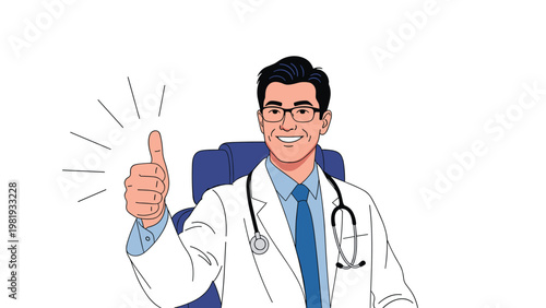 Confident doctor in white coat and glasses sits in a professional chair and gives a big thumbs up with a warm smile.