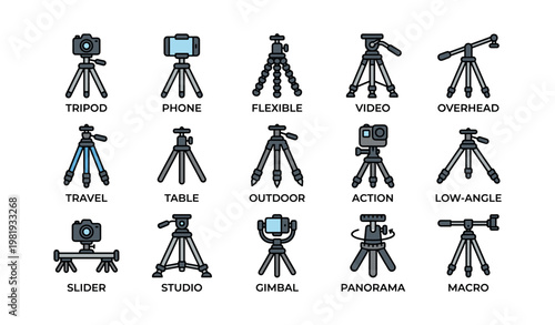 Collection of camera tripod icons illustrating various uses and styles