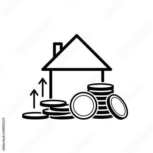 House with growing coins stack, symbolizing real estate investment and financial growth