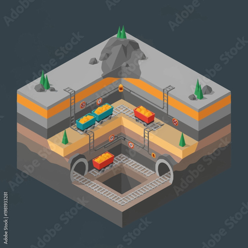 Isometric cross-section of a coal mine with tunnels, carts, and extracted resources.