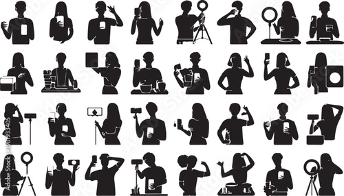 Silhouette icons of people using various digital devices and photography equipment isolated on white background