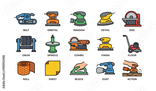 Collection of various sanding and grinding tools with clear labels and illustrations
