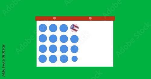 Digital animation of american flag icon over 4th of july date on calendar against black background