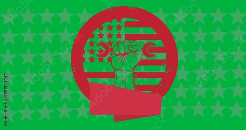 Hand holding a tool icon and red banner with copy space against grey stars on black background