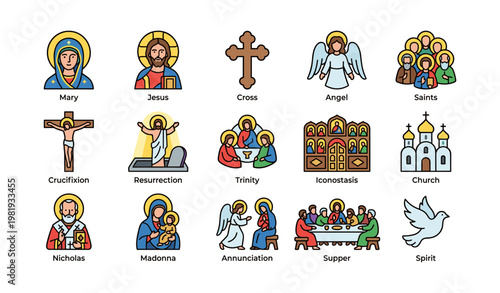 Religious symbols: christian icons of jesus, saints, and church imagery