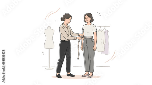 Tailor Measuring Client Body with Tape Doodle Style Custom Clothing Vector Illustration
