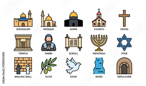 Religious symbols and structures from various faiths