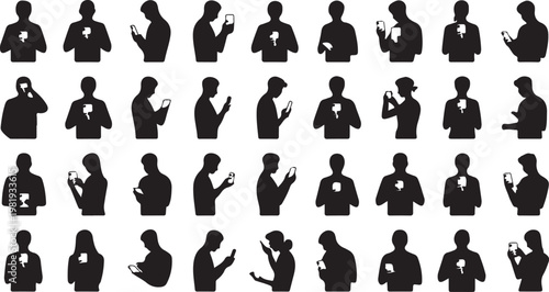 Silhouettes of people using their mobile phones in various positions isolated on white background