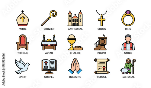 Religious symbols and items: mitre, crozier, cathedral, cross, ring