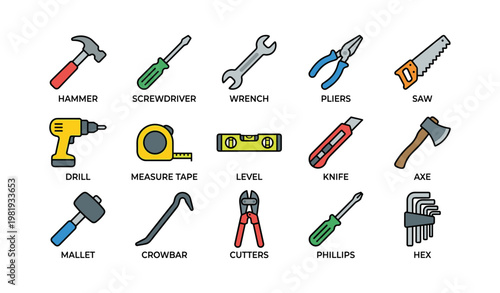 Set of hand tools: hammer screwdriver wrench pliers saw drill and more icons
