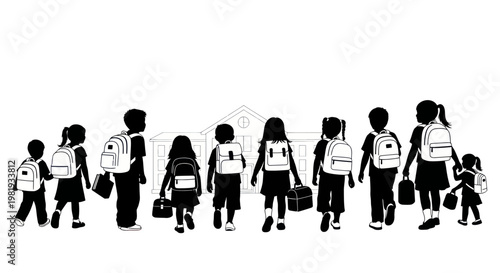 Children With Backpacks Walking Towards School Building Silhouette