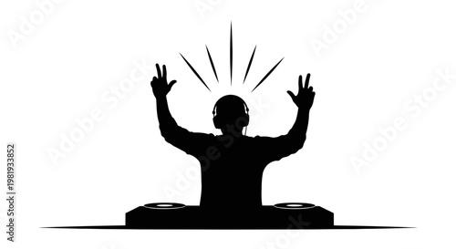 DJ silhouette with headphones and turntables, hands up in celebration