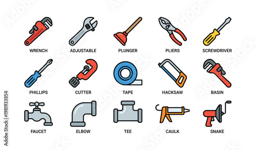 Collection of hand tools and plumbing equipment icons