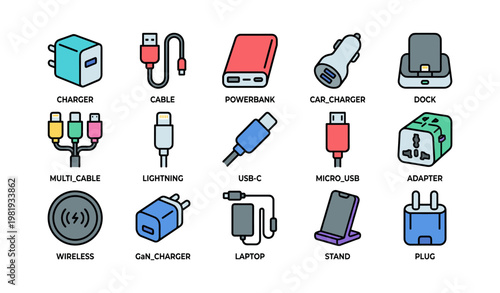 Illustrated selection of portable tech accessories and charging devices