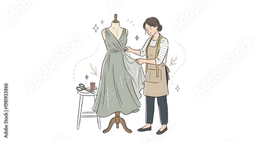 Tailor Working on Elegant Dress Hand Drawn Doodle Style Fashion Sewing Vector Illustration