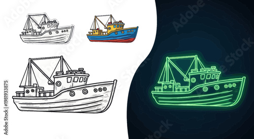 Fishing Boat Icons: Sketch, Color, and Neon Outline
