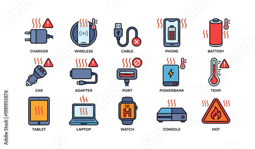 Icons of overheated devices and electronics with warning symbols