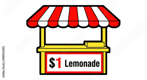 Hand-drawn Lemonade Stand with Red and White Stripes, $1 Sign