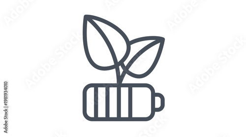 Minimalist black vector icon illustration of a battery with growing leaves, representing eco-friendly renewable energy, sustainable power solutions, and environmental conservation efforts.
