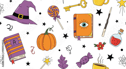 Halloween Themed Doodle Illustrations Featuring Witch Hats, Pumpkins, Lollipops, and Magic Elements for Spooky Season Designs