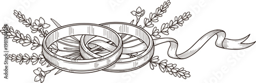 Hand-drawn Wedding Rings with Lavender Flowers and Ribbon, Elegant Vintage Illustration for Love, Engagement, and Marriage Designs